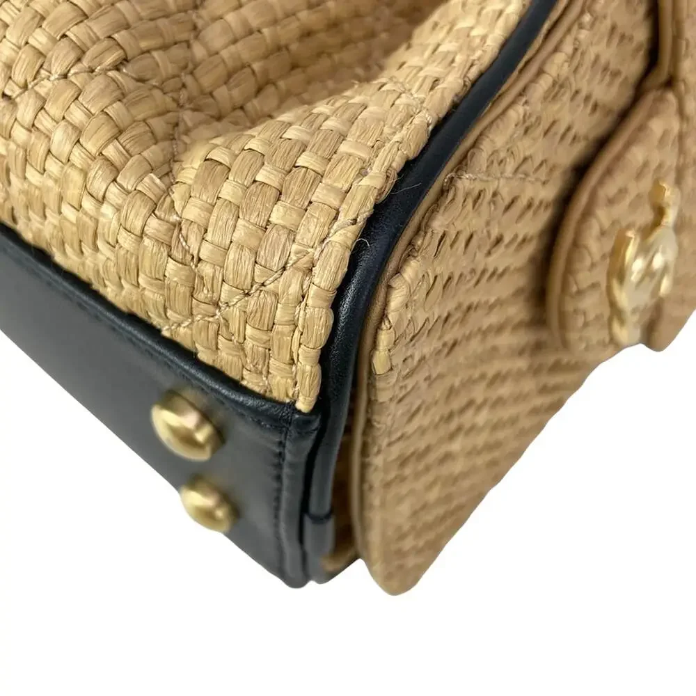 Chanel 25 Shoulder Bag Beige Black Raffia Leather